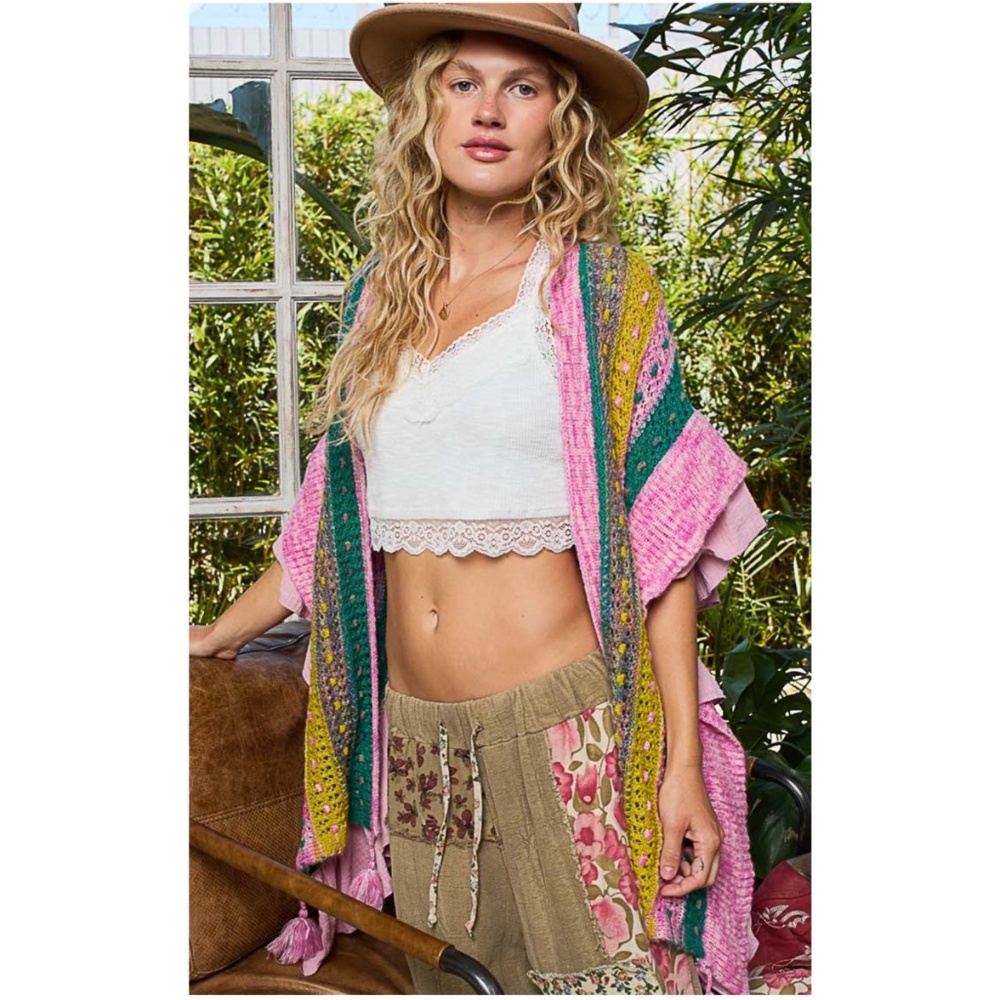 POL Pink Multi-Color Crochet Ruffle Open Cardigan - Picture 3 of 5
